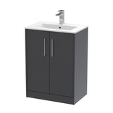 Hudson Reed Juno 600mm Graphite Grey Woodgrain Floor Standing 2-Door Vanity Unit With 1 Tap Hole Basin