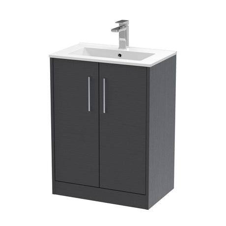Hudson Reed Juno 600mm Graphite Grey Woodgrain Floor Standing 2-Door Vanity Unit With 1 Tap Hole Basin