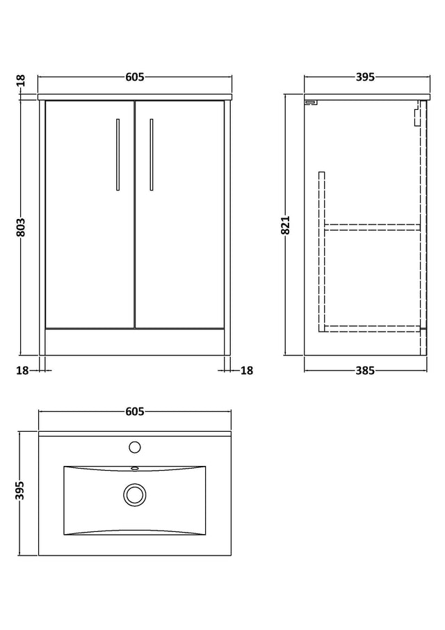 Hudson Reed Juno 600mm Graphite Grey Woodgrain Floor Standing 2-Door Vanity Unit With 1 Tap Hole Basin