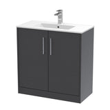 Hudson Reed Juno 800mm Graphite Grey Woodgrain Floor Standing 2-Door Vanity Unit & 1 Tap Hole Basin