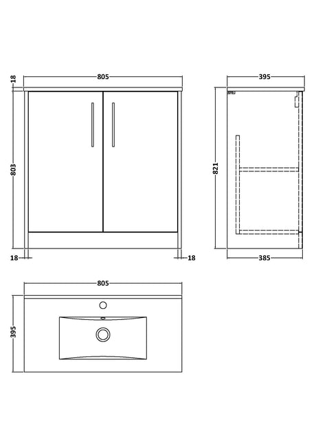 Hudson Reed Juno 800mm Graphite Grey Woodgrain Floor Standing 2-Door Vanity Unit & 1 Tap Hole Basin