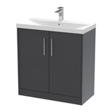 Hudson Reed Juno 800mm Graphite Grey Woodgrain Floor Standing 2-Door Vanity Unit with 1 Tap Hole Basin