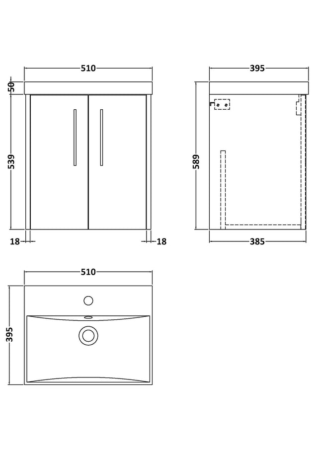 Hudson Reed Juno 500mm Wall Hung 2-Door Vanity Unit with 1 Tap Hole Basin