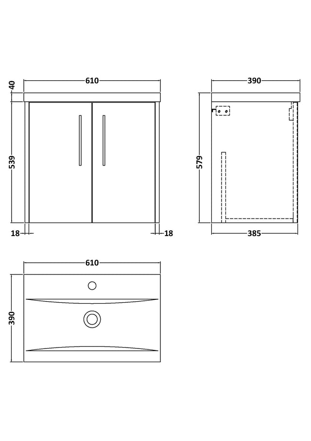 Hudson Reed Juno 600mm Graphite Grey Wall Hung 2-Door Vanity Unit With Basin Rigid