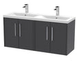 Hudson Reed Juno 1205mm Graphite Grey Wall Hung 4-Door Vanity Unit & Double Basin with Soft Close Doors