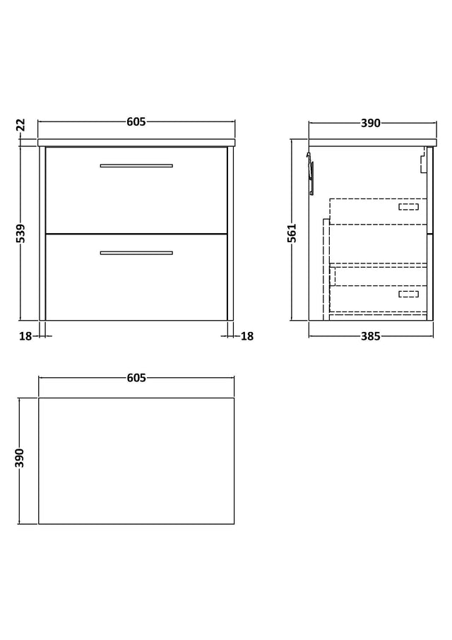 Hudson Reed Juno 600mm Graphite Grey Woodgrain Wall Hung 2-Drawer Vanity Unit With Laminate Top