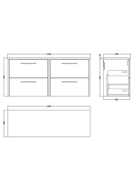 Hudson Reed Juno 1200mm Graphite Grey Woodgrain Wall Hung 4-Drawer Vanity Unit With Laminate Worktop & Handles