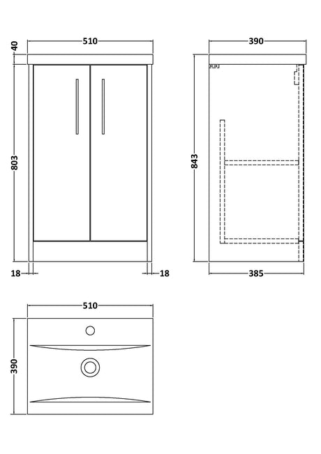 Hudson Reed Juno 500mm Floor Standing 2-Door Vanity Unit with 1 Tap Hole Basin