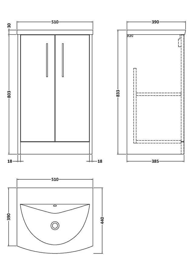 Hudson Reed Juno 500mm Floor Standing 2-Door Vanity Unit With 1 Tap Hole Basin