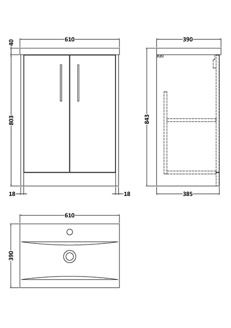 Hudson Reed Juno 600mm Floor Standing 2-Door Vanity Unit with 1 Tap Hole Basin