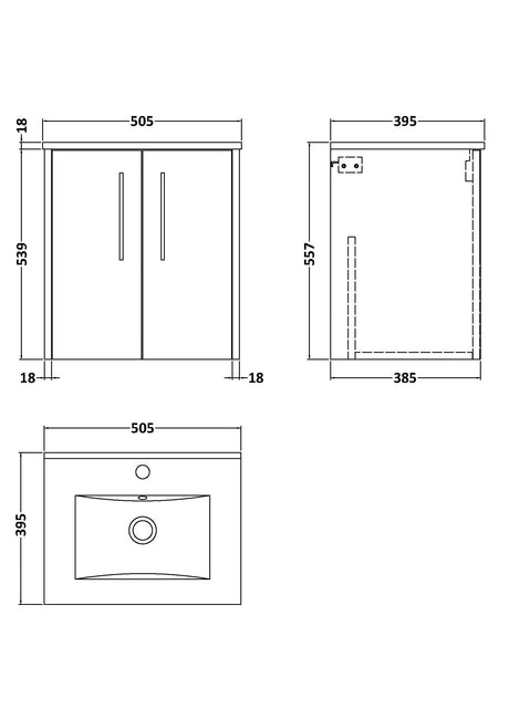 Hudson Reed Juno 500mm Coastal Grey Wall Hung 2-Door Vanity Unit with 1 Tap Hole Basin