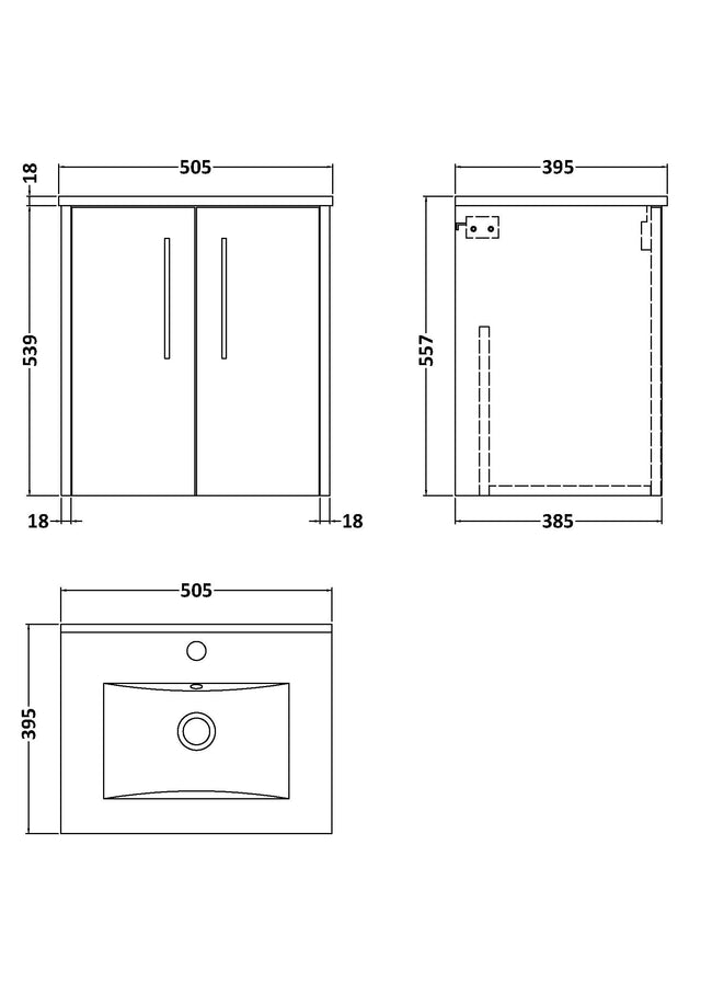 Hudson Reed Juno 500mm Coastal Grey Wall Hung 2-Door Vanity Unit with 1 Tap Hole Basin