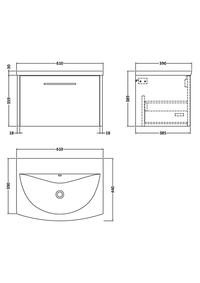 Hudson Reed Juno 600mm Wall Hung Single Drawer Vanity Unit & Basin