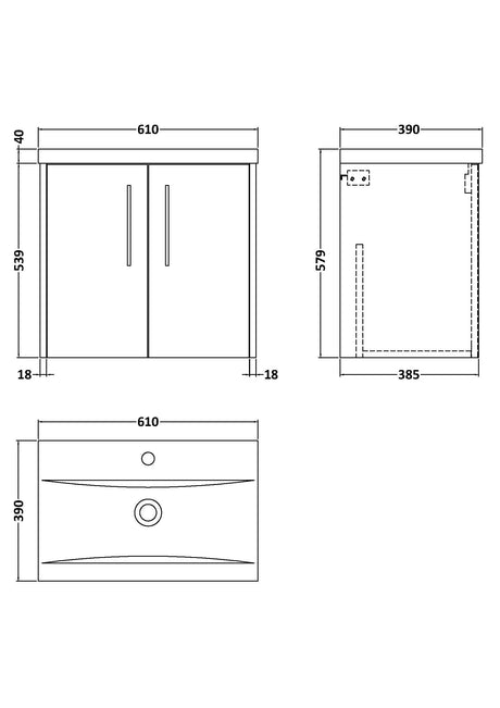 Hudson Reed Juno 600mm Coastal Grey Wall Hung 2-Door Vanity Unit with 1 Tap Hole Basin