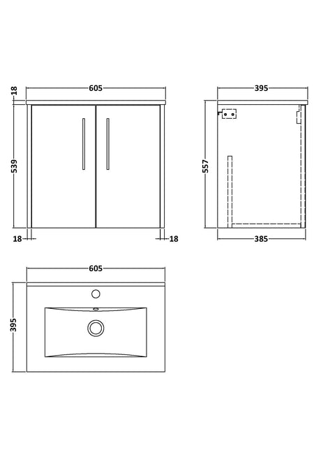 Hudson Reed Juno 600mm Coastal Grey Wall Hung 2-Door Vanity Unit with 1 Tap Hole Basin