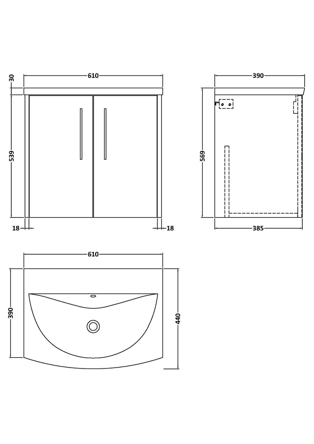 Hudson Reed Juno 600mm Coastal Grey Wall Hung 2-Door Vanity Unit with 1 Tap Hole Basin