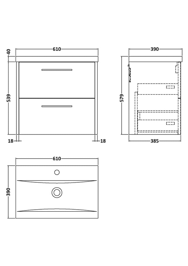 Hudson Reed Juno 600mm Coastal Grey Wall Hung 2-Drawer Vanity Unit With 1 Tap Hole Basin