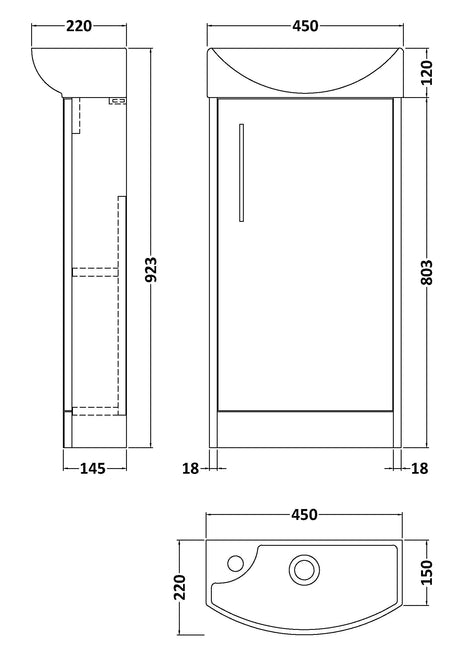 Hudson Reed Juno Compact 450mm Metallic Slate Floor Standing 1 Door Basin Unit With 1 Tap Hole Right Hand