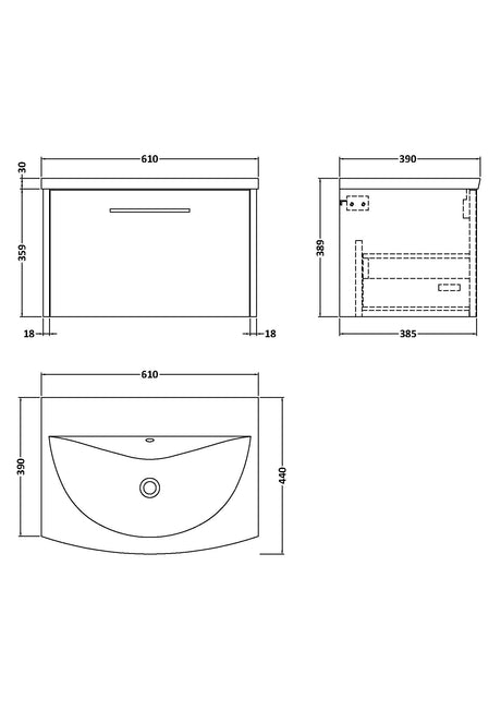 Hudson Reed Juno 600mm 1 Drawer Wall Hung Vanity Unit With Basin