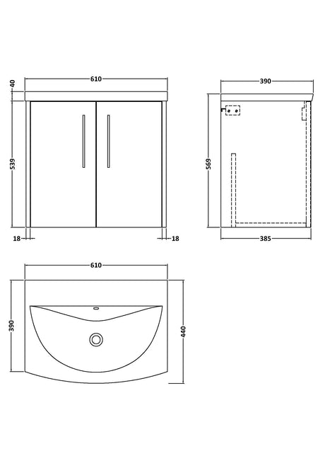Hudson Reed Juno 600mm Metallic Slate Wall Hung 2 Door Vanity Unit With Curved Basin & 1 Tap Hole