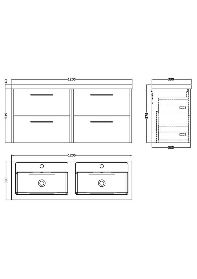 Hudson Reed Juno 1200mm Wall Hung 4 Drawer Vanity Unit with Double Basin