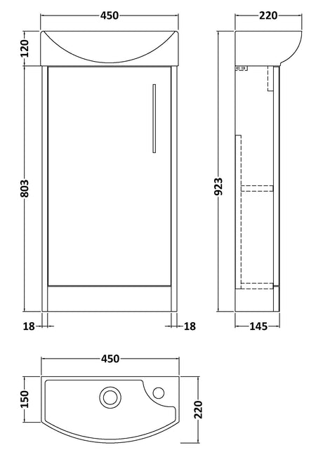 Hudson Reed Juno Compact 450mm Floor Standing 1-Door Left Hand Vanity Unit With 1 Tap Hole Basin