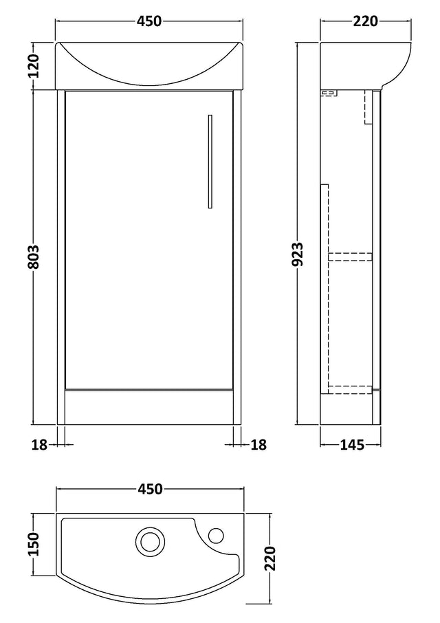 Hudson Reed Juno Compact 450mm Floor Standing 1-Door Left Hand Vanity Unit With 1 Tap Hole Basin