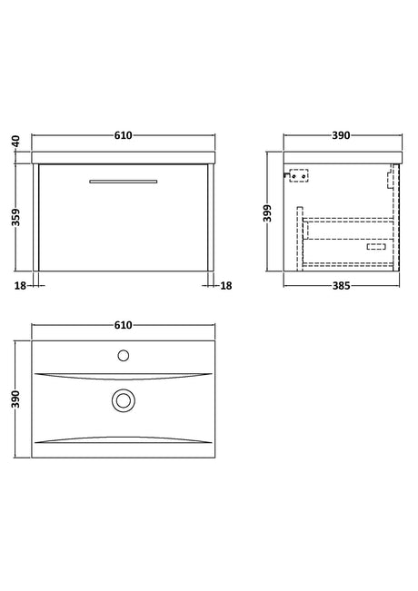Hudson Reed Juno 600mm Wall Hung Single Drawer Vanity & Basin With Soft Close Drawers