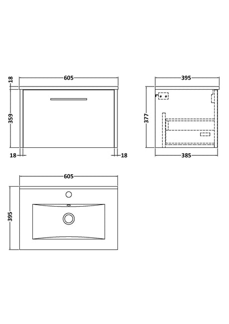 Hudson Reed Juno 600mm Wall Hung Single Drawer Vanity & Basin With Soft Close Drawers