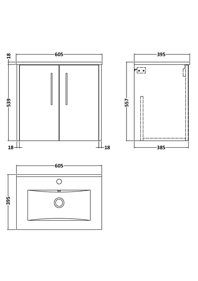 Hudson Reed Juno 600mm Wall Hung 2-Door Vanity & Basin With Handles