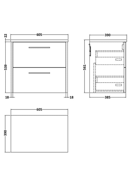 Hudson Reed Juno 600mm Wall Hung 2-Drawer Soft-Close Vanity Unit With Laminate Worktop