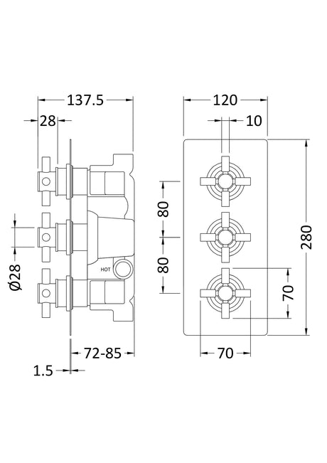 Tec Crosshead Triple Thermostatic Shower Valve Brushed Brass