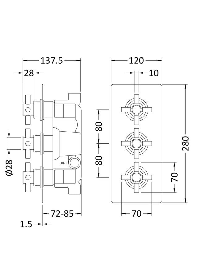 Tec Crosshead Triple Thermostatic Shower Valve Brushed Brass