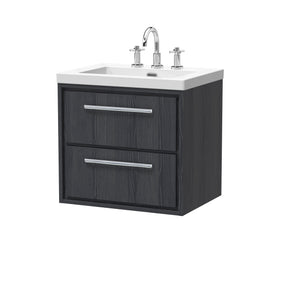 Hudson Reed Lille 600mm Graphite Grey Woodgrain Wall Hung 2-Drawer Vanity With 3 Tap Hole Basin