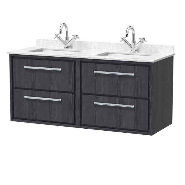 Hudson Reed Lille 1200mm Wall Hung 4-Drawer Vanity Unit with Double Marble Basin, Backsplash & 2 Tap Holes