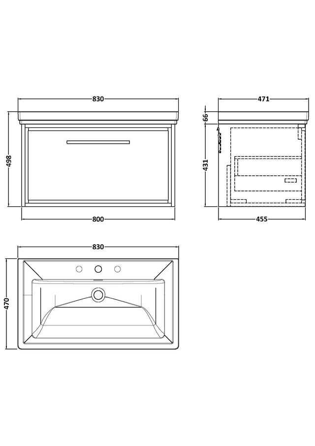 Hudson Reed Lille 800mm Graphite Grey Woodgrain Wall Hung Single Drawer Vanity Unit With 3 Tap Hole Basin