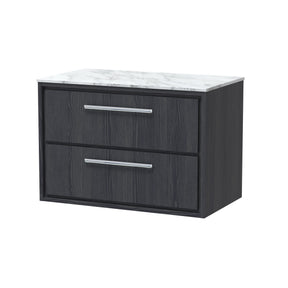 Hudson Reed Lille 800mm Wall Hung Graphite Grey Woodgrain 2-Drawer Vanity Unit with Marble Worktop, Soft Close Drawers