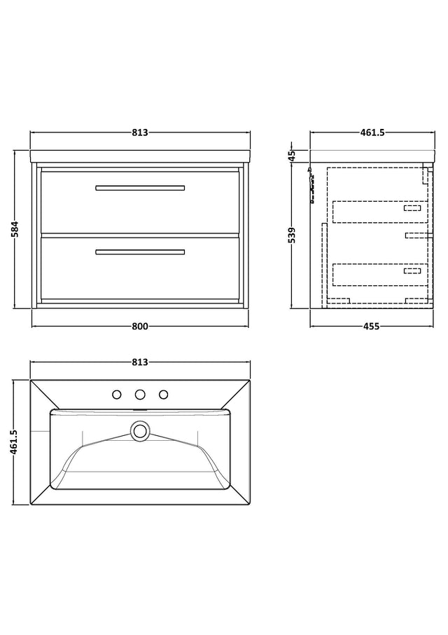 Lille 800mm Wall Hung 2-Drawer Vanity with Basin - 3 Tap Hole