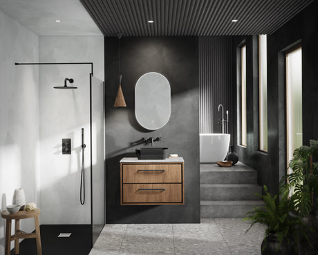 Hudson Reed Lille 800mm Graphite Grey Woodgrain Wall Hung 2-Drawer Vanity with Marble Worktop and Soft-Close Drawers