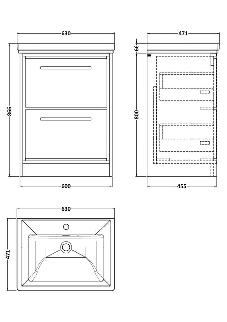 Lille 600mm Floor Standing 2-Drawer Vanity with Basin - 1 Tap Hole