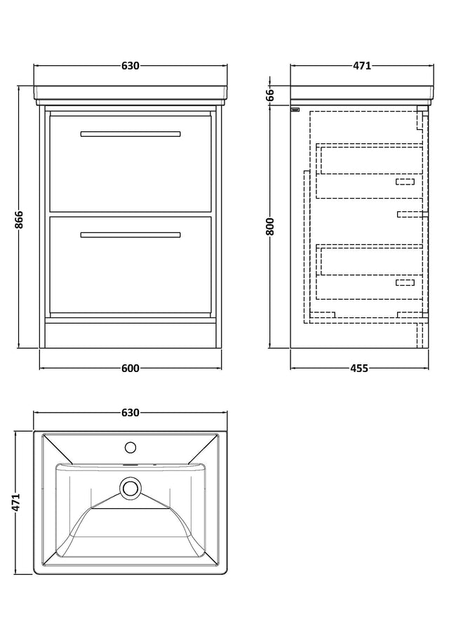 Lille 600mm Floor Standing 2-Drawer Vanity with Basin - 1 Tap Hole