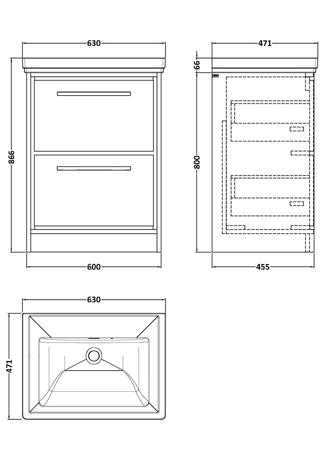 Hudson Reed Lille 600mm Floor Standing 2-Drawer Vanity Unit With Basin