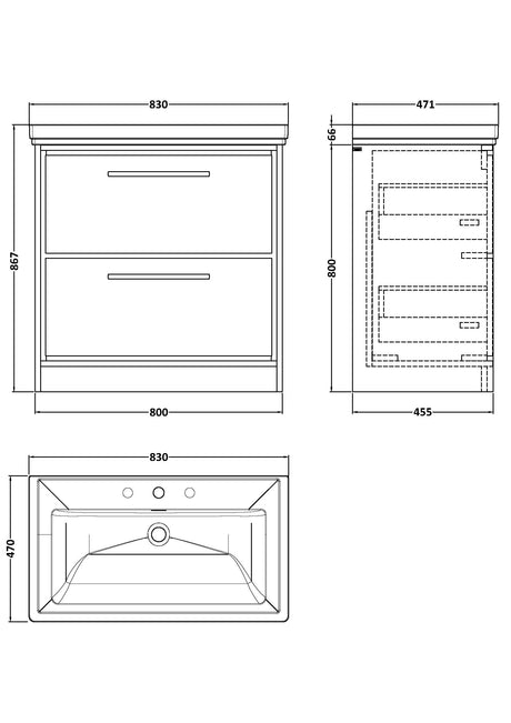 Hudson Reed Lille 800mm Floor Standing 2-Drawer Vanity Unit With 3 Tap Hole Basin
