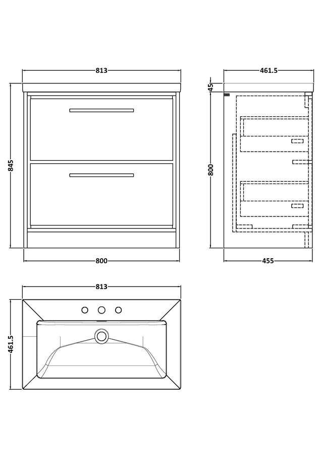 Lille 800mm Floor Standing 2-Drawer Vanity with Basin - 3 Tap Hole