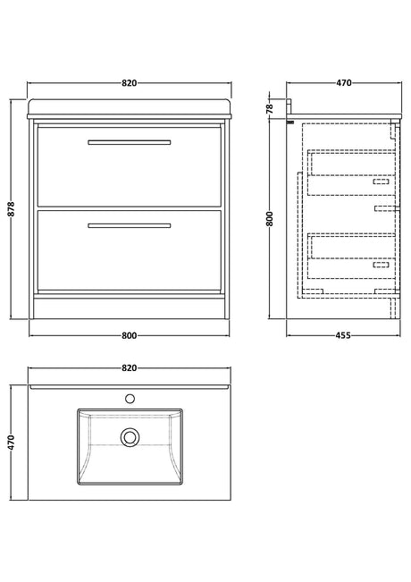 Hudson Reed Lille 800mm Graphite Grey Woodgrain Floor 2-Drawer Vanity With Marble Underslung Basin