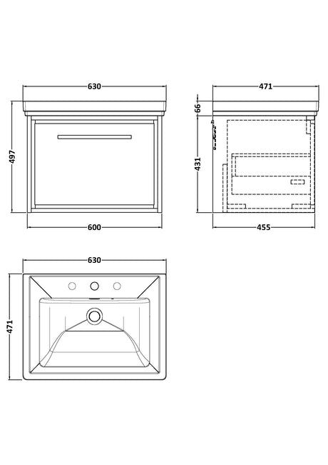 Hudson Reed Lille 600mm Coastal Grey Wall Hung Single Drawer Vanity Unit With 3 Tap Hole Basin