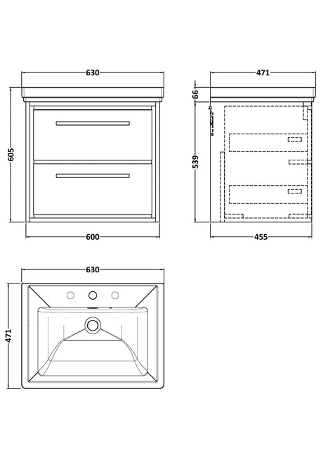 Hudson Reed Lille 600mm Wall Hung 2-Drawer Vanity Unit With 3 Tap Hole Basin