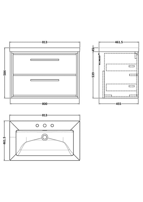 Lille 800mm Wall Hung 2-Drawer Vanity with Basin - 3 Tap Hole
