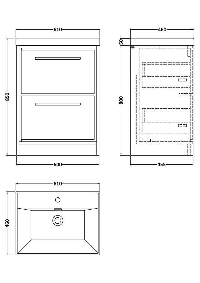 Lille 600mm Floor Standing 2-Drawer Vanity with Basin - 1 Tap Hole