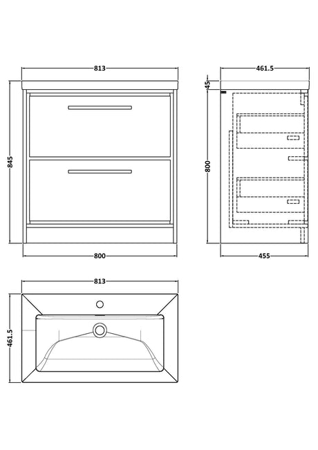 Lille 800mm Floor Standing 2-Drawer Vanity with Basin - 1 Tap Hole